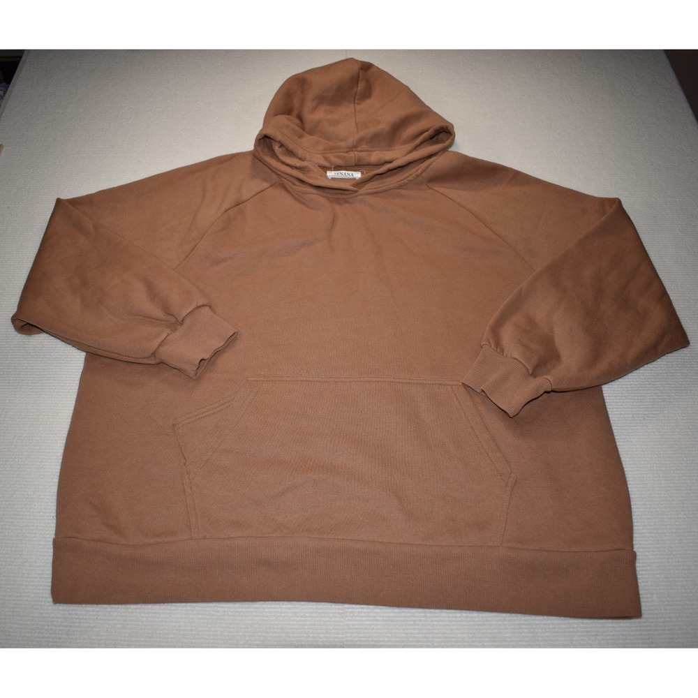 Zenana Women's Brown Solid Pullover Hoodie 2X Hooded Kangaroo Pockets